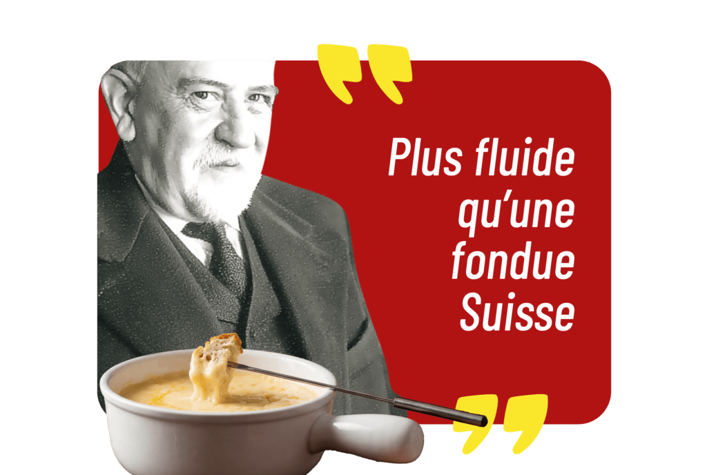 Kreative CHARPIOT-Illustration, die die Fluidität der Logistikströme zwischen Frankreich und der Schweiz symbolisiert, verglichen mit einem Schweizer Käsefondue